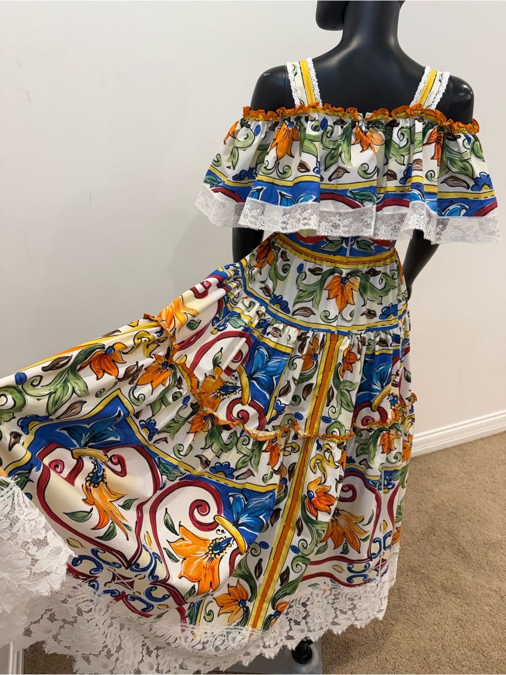 Dolce & Gabbana Sicily Majolica Off Shoulder Cotton Lace Maxi Dress IT 42 US 6 - Picture 7 of 16